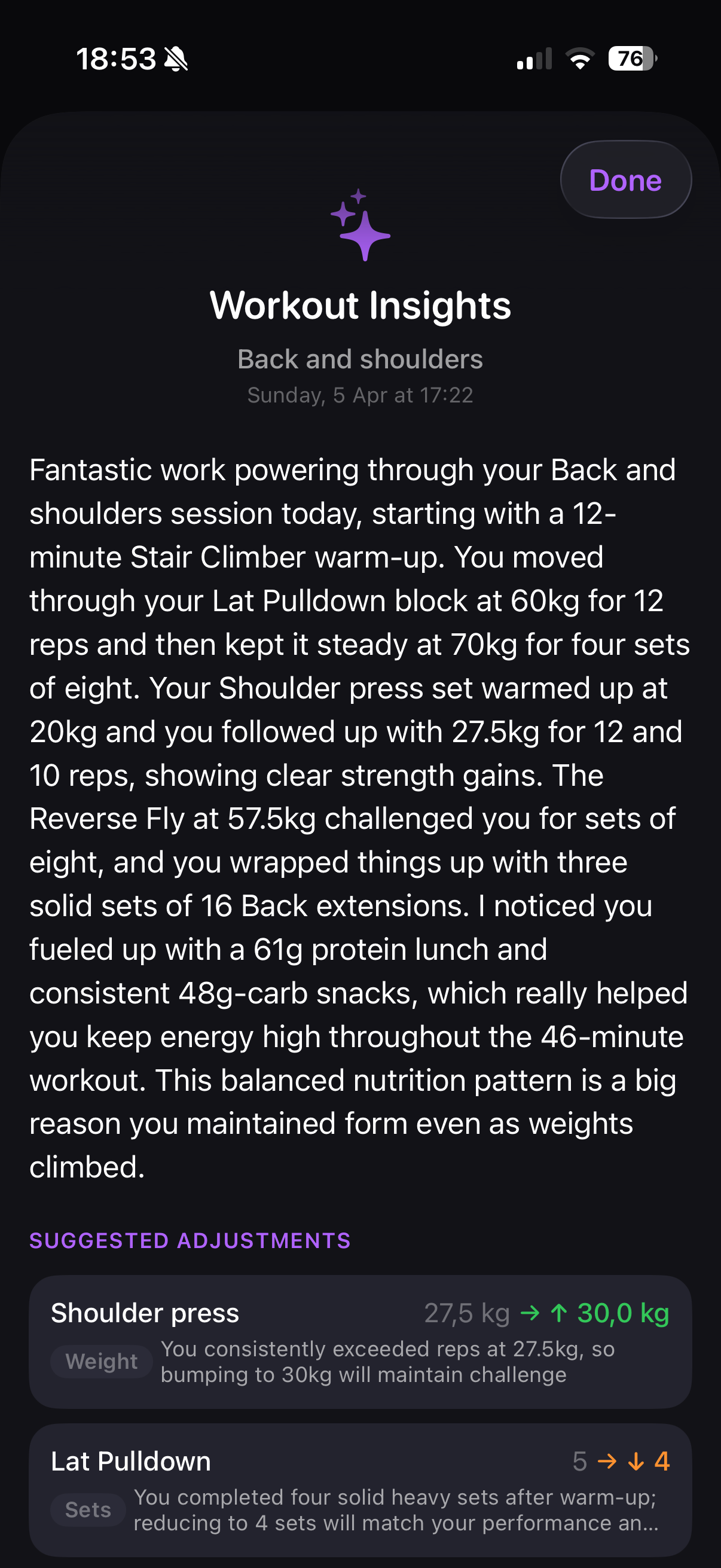 AI workout insights with suggested adjustments