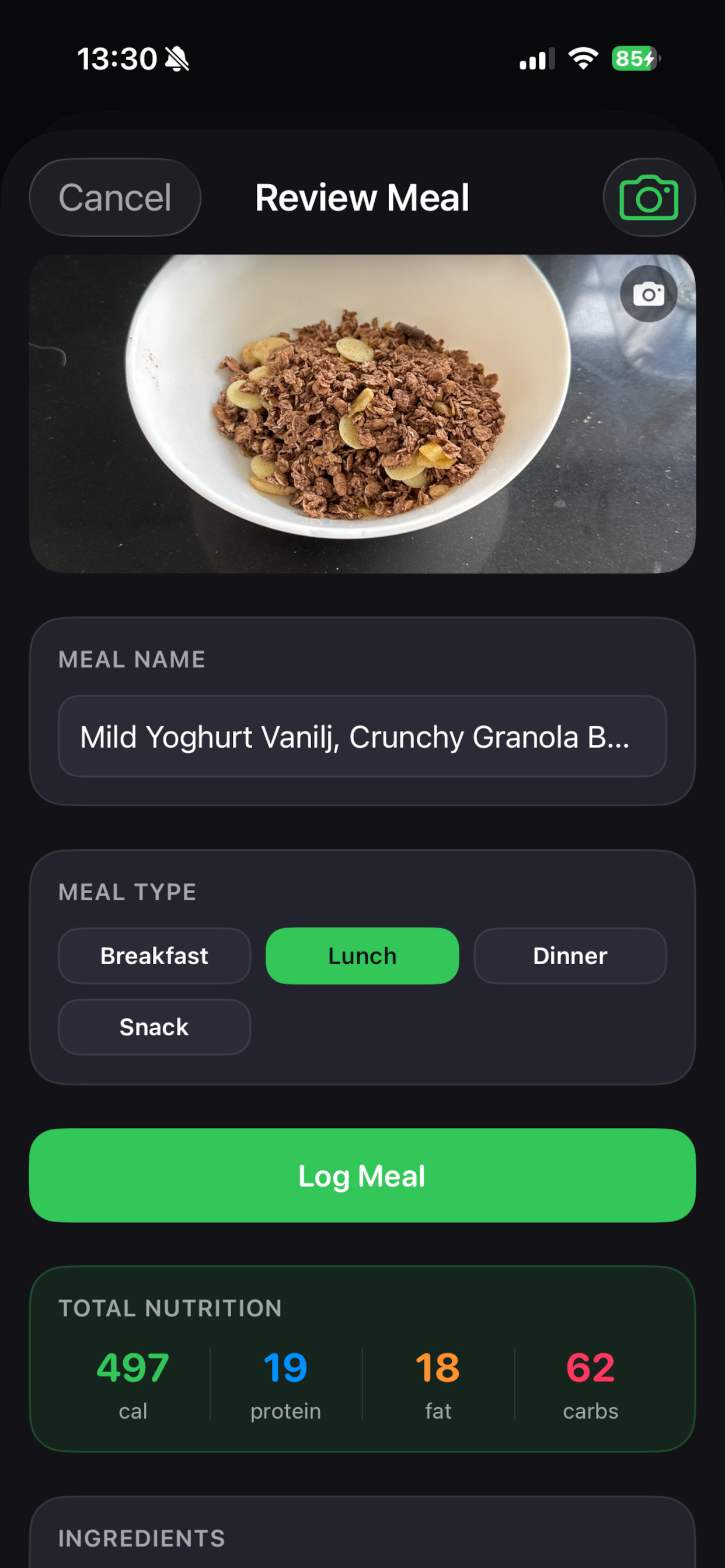 Meal review with nutrition breakdown