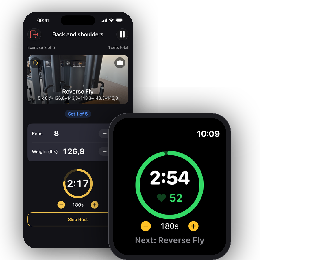 iPhone and Apple Watch showing the same rest timer during a workout